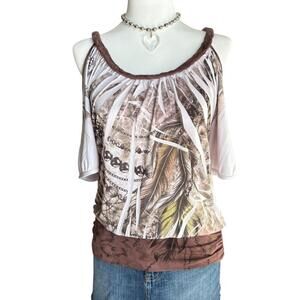 y2k brown & white cyber grunge cold shoulder top